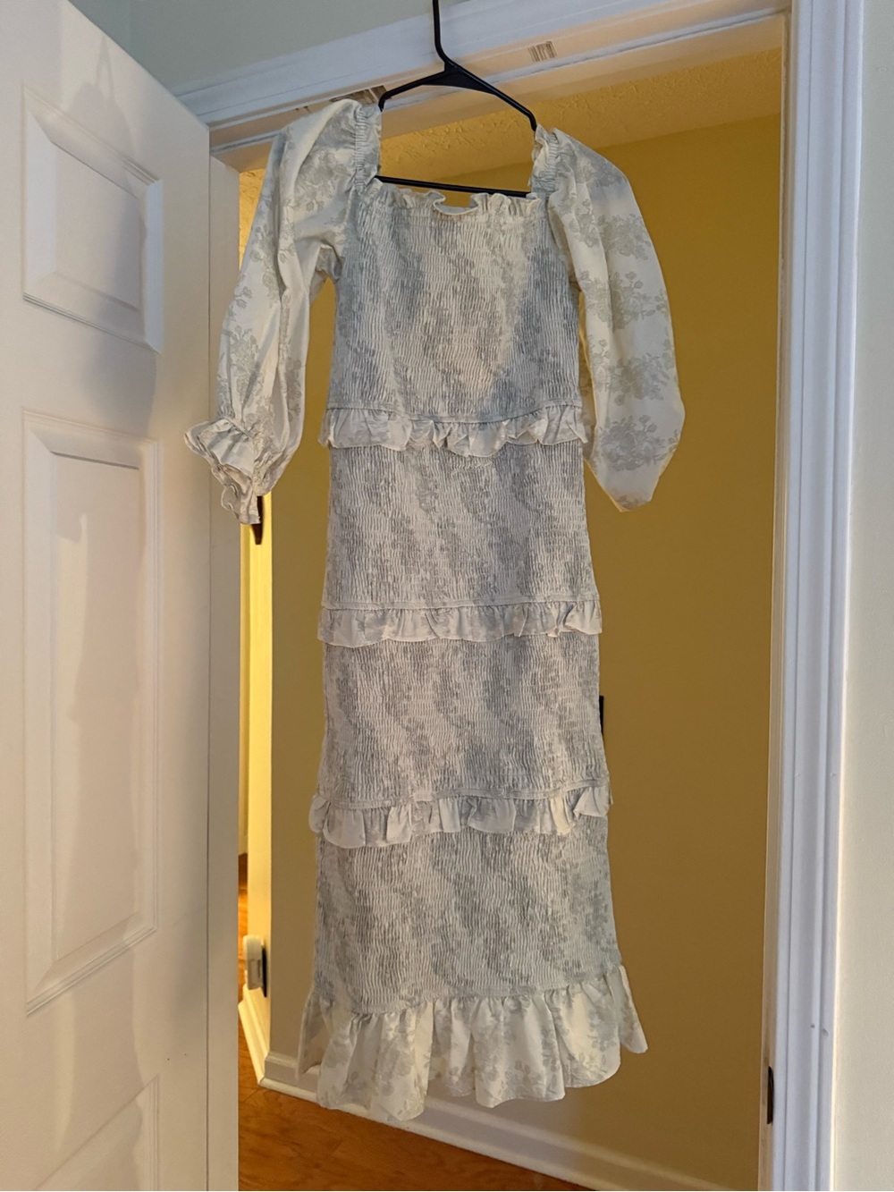 Smocked Ruffle Midi Dress in Light Blue and Cream by